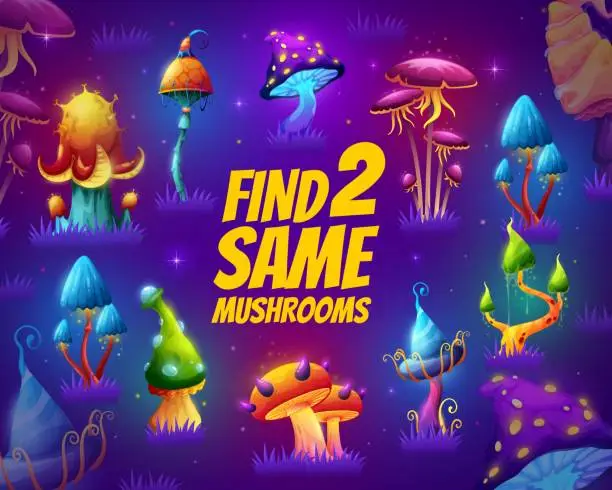 Vector illustration of Find two same magic mushrooms kids game worksheet