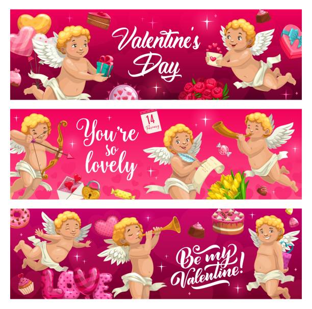 발렌타인 데이 휴일 배너, 만화 큐피드 천사 - heart shape valentines day fur pink stock illustrations