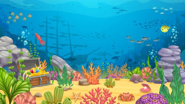 illustrations, cliparts, dessins animés et icônes de paysage sous-marin de dessin animé avec frégate coulée - underwater scenic