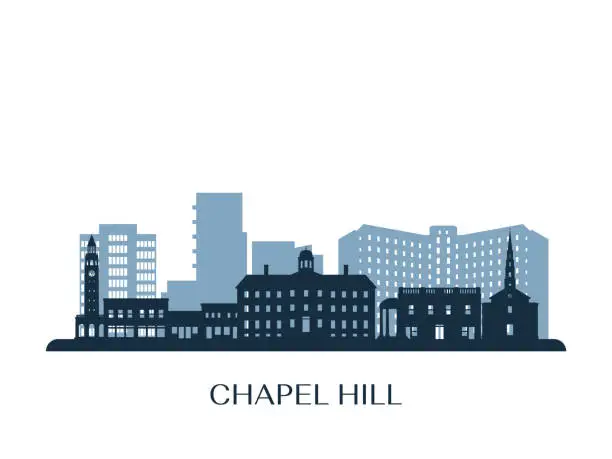 Vector illustration of Chapel Hill, NC skyline, monochrome silhouette. Vector illustration.