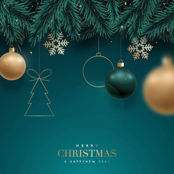 Christmas background with fir branches and balls, snowflakes on green background. Festive design template for winter holidays. Christmas background with fir branches and balls, snowflakes on green background. Festive design template for winter holidays. Christmas stock illustrations