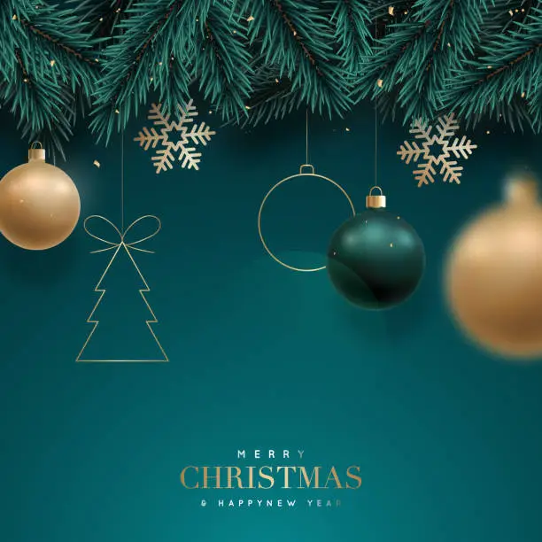 Vector illustration of Christmas background with fir branches and balls, snowflakes on green background. Festive design template for winter holidays.