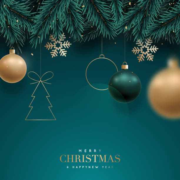 Christmas background with fir branches and balls, snowflakes on green background. Festive design template for winter holidays.向量藝術插圖