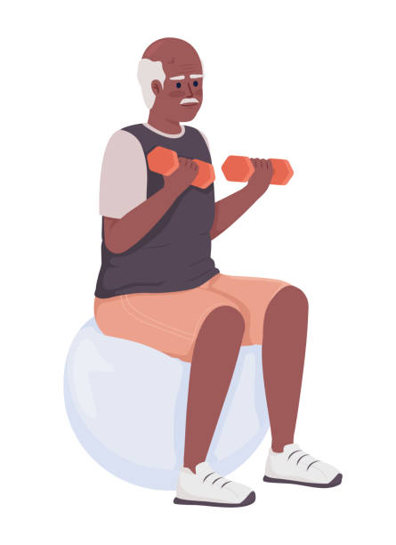 Senior man doing sports exercises semi flat color vector character Senior man doing sports exercises semi flat color vector character. Editable figure. Full body person on white. Training simple cartoon style illustration for web graphic design and animation cartoon of the older people exercising gym stock illustrations