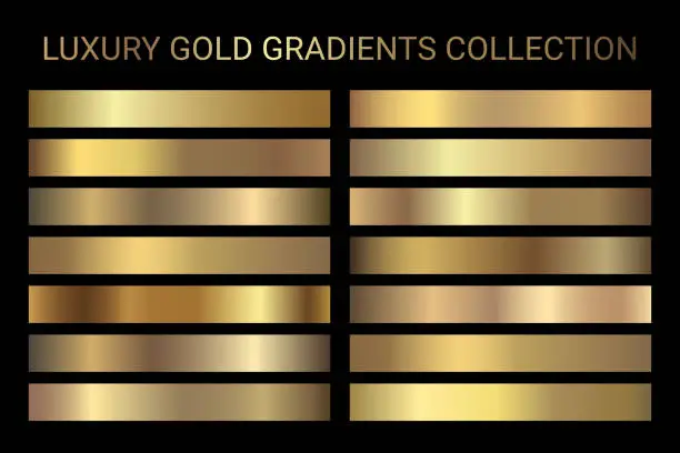 Vector illustration of Luxury gold gradients collection vector. Golden gradients set of metallic festive gold vector colors. For Christmas cards, banners, fonts, New Year Eve party flyers, invitation card design