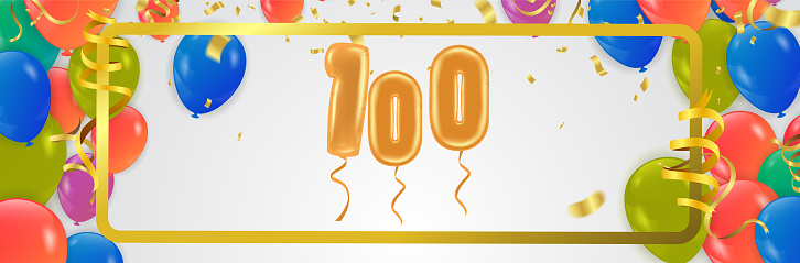 Elegant Greeting celebration 100 birthday  Happy birthday, congratulations poster. Balloons numbers with sparkling confetti. Vector