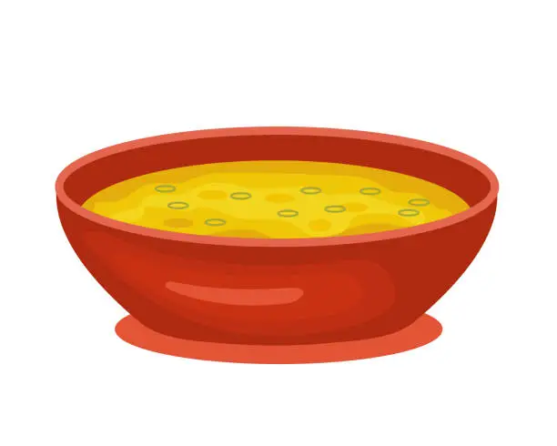 Vector illustration of dal, daal or dhal. Indian dried legumes soup - lentils, beans, peas. Bright yellow Asian cuisine dish, cream soup. Vector illustration isolated on white background.