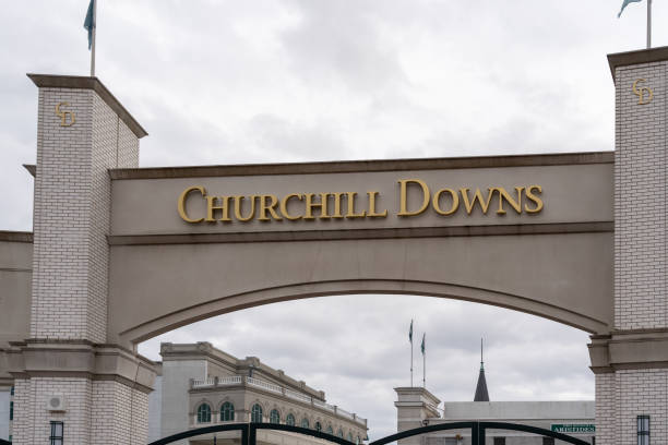Churchill Downs sign is shown in Louisville, KY, USA. Louisville, KY, USA - December 28, 2021: Churchill Downs sign is shown in Louisville, KY, USA. Churchill Downs is a horse racing complex. kentucky derby stock pictures, royalty-free photos & images