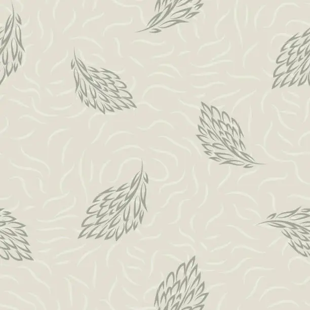 Vector illustration of Line art style scattered simple leaves seamless vector pattern background. Hand-drawn irregular leaf foliage on textured hessian fibre backdrop. Organic botanical repeat. Neutral ecru beige.