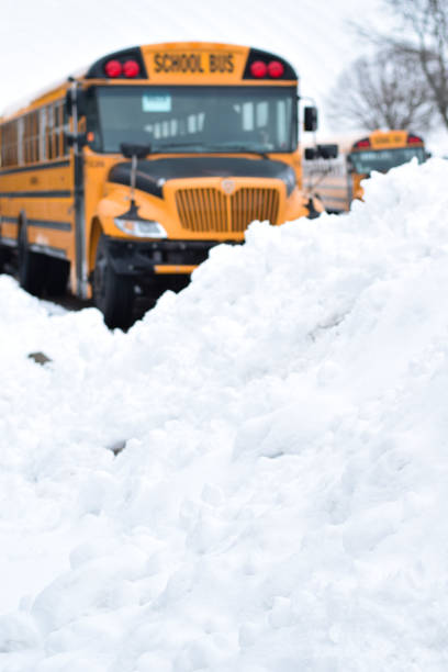 una montaña de nieve frente a un autobús escolar - public transportation winter bus front view fotografías e imágenes de stock