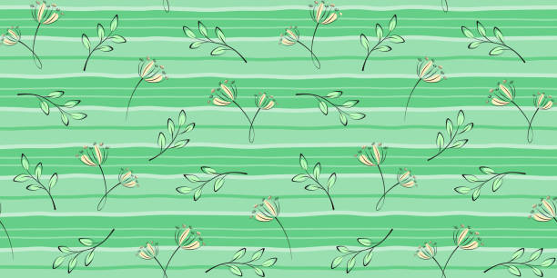 istock Summer plant seamless pattern with twigs and inflorescences on a green striped background 1445600008