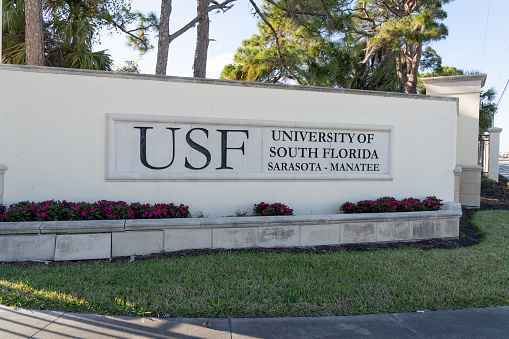 Sarasota, Florida, USA - January 11, 2022: Sign of University of South Florida in Sarasota, Florida, USA. The University of South Florida is a public research university.