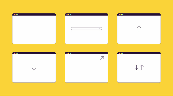 Vector illustration of a set of minimally designes web browsers with different icon designs on them.