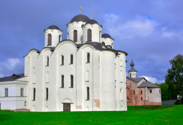 Yaroslav's Courtyard of Veliky Novgorod. Nikolo-Dvorishchensky Cathedral, an ancient Russian monument of the XII century, a UNESCO site. Russia, 2022