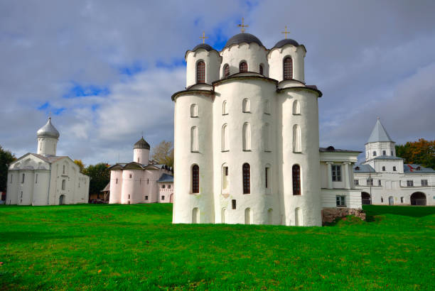 Yaroslav's farmstead in Veliky Novgorod. The ensemble at the Nikolo-Dvorishchensky Cathedral, ancient Russian monuments of the XII-XVI centuries, a UNESCO site. Russia, 2022