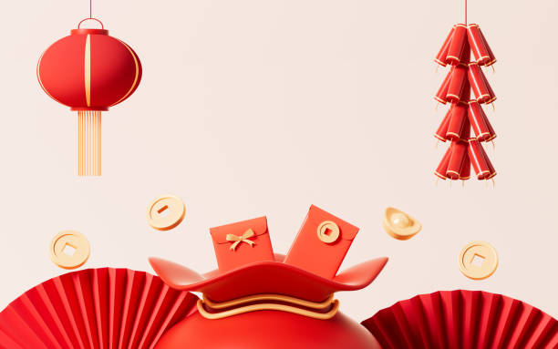 istock Red lucky bag with Chinese character Fu, Spring Festival theme scene, 3d rendering. 1445609736