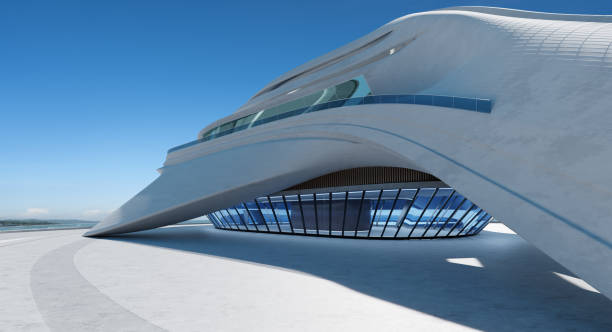 istock Empty Floor with modern  futuristic streamlined design building 1445611130