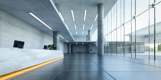 istock Modern glass wall commercial buildings reception lobby hall 1445611863