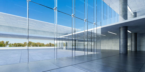 Modern glass wall commercial buildings lobby hall. Realistic 3d rendering