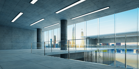 Modern glass wall commercial buildings empty space. Realistic 3d rendering