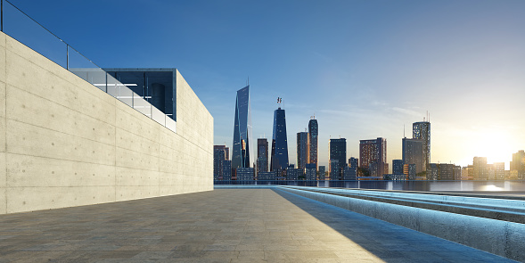 Perspective view of empty floor with modern building and beautiful cityscape background. 3d rendering