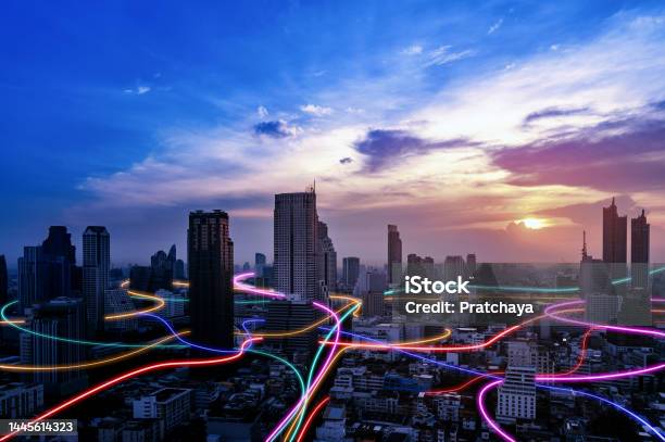 Smart City With Speed Line Glowing Light Trail Surround The City Big Data Connection Technology Concept Stock Photo - Download Image Now