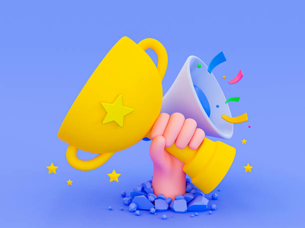 istock 3d minimal champion trophy. prizes for winners. successful competitor. winning contestant. hand holding a gold trophy cup with a megaphone celebrating. 3d rendering illustration. 1445614399