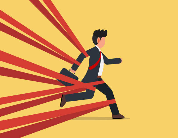 Struggling concept. Businessman tied up with red tape trying to run away with full effort. struggling concept bureaucracy stock illustrations