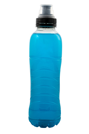 Plastic bottle of sports drink with fitness cap isolated on white with clipping path cutout concept for sport hydration, liquid refreshment high in vitamins and minerals and athletic performance