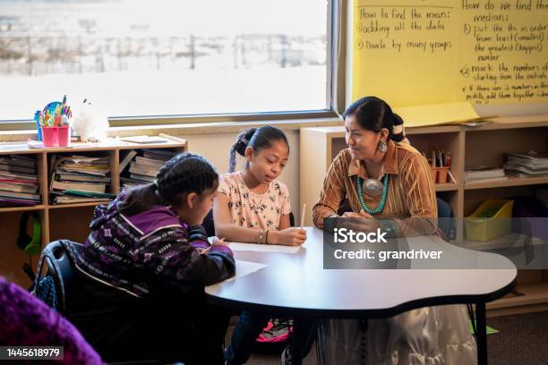 Young Female Teacher Assisting Elementary Age Students In Class Room At An Elementary School Stock Photo - Download Image Now