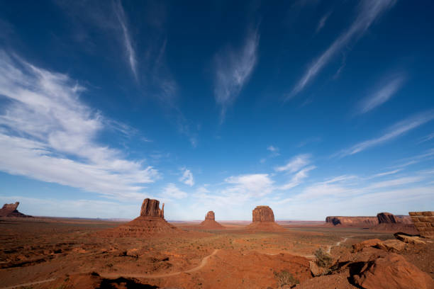 Panorama Monument Valley Desert Rock Formations Under a Dramatic Springtime Sky at Dusk stock photo
