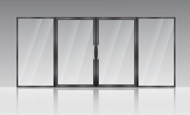 glass door 4 Realistic glass door. Entrance modern glass doors, office or shop mall steel frame. Double glass doors to the shopping center or office. glass showroom stock illustrations