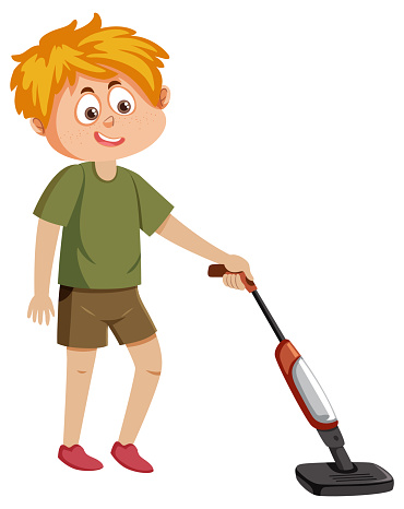 A boy using vacuum cleaner illustration