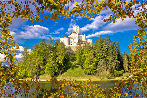 Idyllic lake hill castle of Trakoscan in Zagorje region, northern Croatia