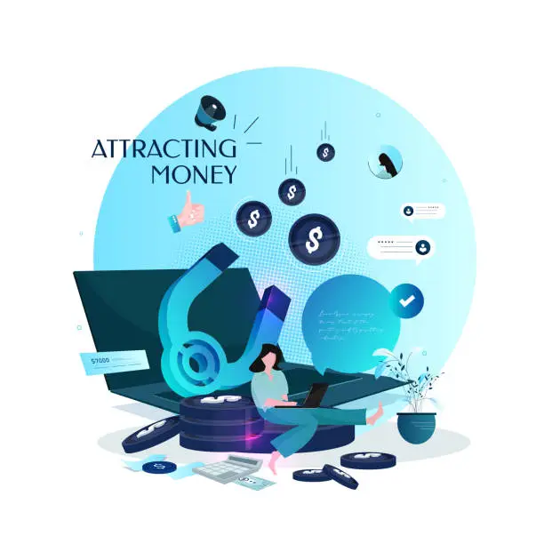 Vector illustration of Businesswoman with a huge magnet attracting money. Business success concept