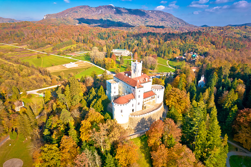 Idyllic old town of Trakoscan in Zagorje region aerial view in autumn colors, northern Croatia