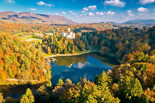 Trakoscan lake and castle aerial panoramic autumn view, Zagorje region of Croatia