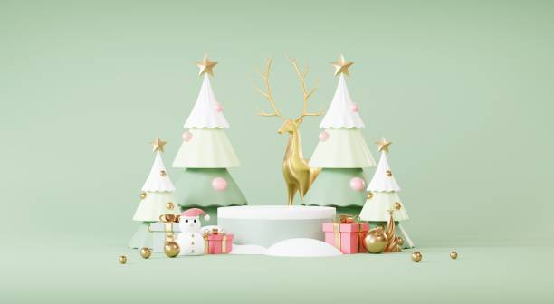 istock Christmas backgrounds with podium stage platform in minimal New year event theme. Merry Christmas scene for product display mock up banner. Empty stand pedestal decor in Xmas winter scene. 3D render. 1445625075