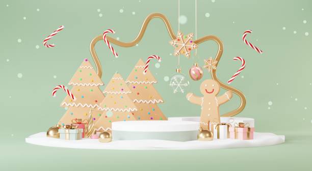 istock Christmas backgrounds with podium stage platform in minimal New year event theme. Merry Christmas scene for product display mock up banner. Empty stand pedestal decor in Xmas winter scene. 3D render. 1445625077