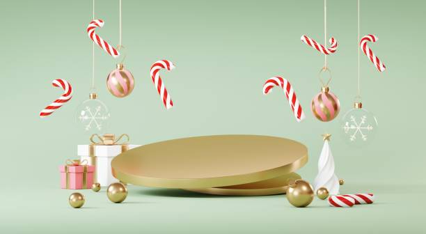 istock Christmas backgrounds with podium stage platform in minimal New year event theme. Merry Christmas scene for product display mock up banner. Empty stand pedestal decor in Xmas winter scene. 3D render. 1445625162