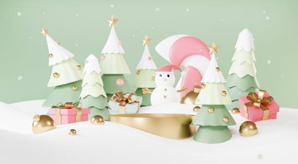 istock Christmas backgrounds with podium stage platform in minimal New year event theme. Merry Christmas scene for product display mock up banner. Empty stand pedestal decor in Xmas winter scene. 3D render. 1445625198