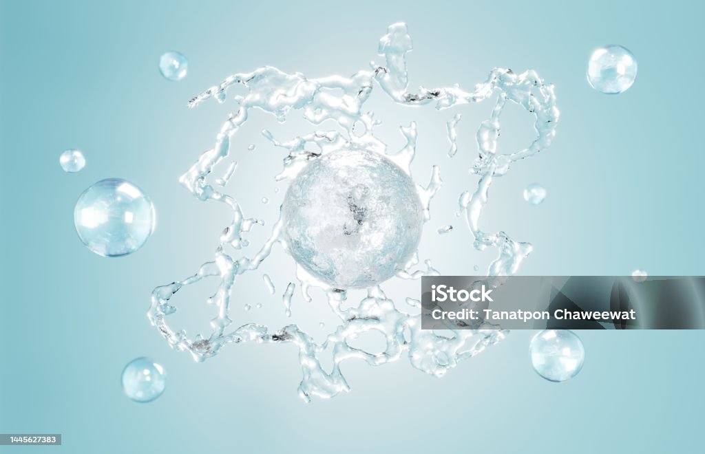 Cosmetics Hydro Essence water for moisturizer. Liquid splash bubble or molecule chemical structure on water background. Cosmetics Hydro power treatment. Purifying natural product. 3d rendering. IV Drip Stock Photo