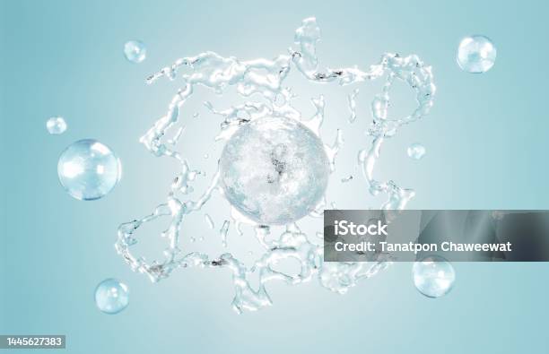 Cosmetics Hydro Essence Water For Moisturizer Liquid Splash Bubble Or Molecule Chemical Structure On Water Background Cosmetics Hydro Power Treatment Purifying Natural Product 3d Rendering Stock Photo - Download Image Now