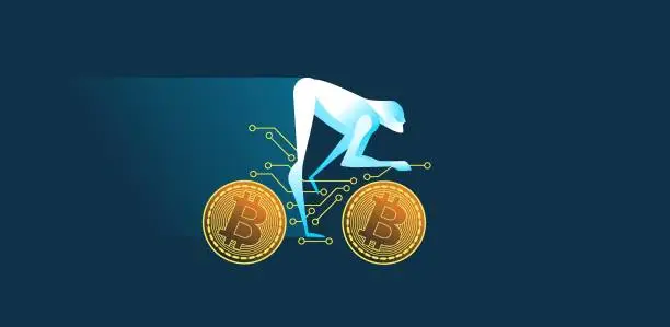 Vector illustration of Cyclist on a bike with bitcoins instead of wheels illustration.