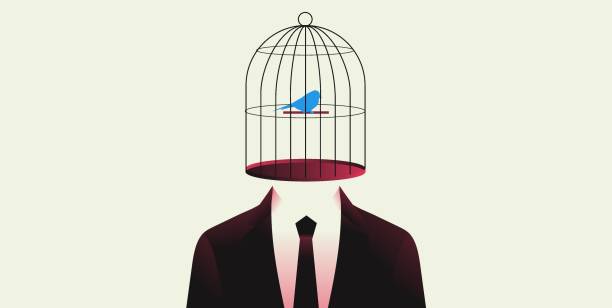 mann mit vogelkäfig statt kopfvektorillustration. - birdcage stock-grafiken, -clipart, -cartoons und -symbole