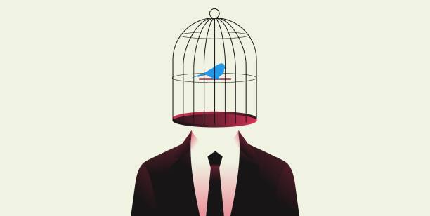 illustrations, cliparts, dessins animés et icônes de homme avec une cage à oiseaux au lieu d’une illustration vectorielle de tête. - twitter