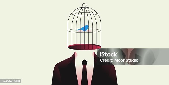 istock Man with a birdcage instead of head vector illustration. 1445628904