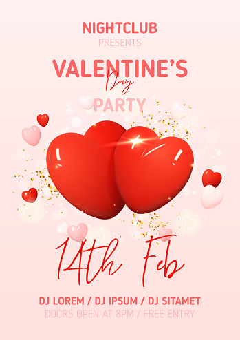 Happy Valentine's Day party poster. Vector illustration with red and pink hearts. Holiday decoration design with abstract 3d composition for Valentine's Day party. 3d romantic couple of hearts.