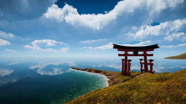 Japanese traditional gate Torii, symbol of Shintoism .Natural landscape 3D render 3D rendering. Japanese traditional gate Torii, symbol of Shintoism .Natural landscape shrine stock pictures, royalty-free photos & images