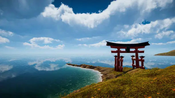 Photo of Japanese traditional gate Torii, symbol of Shintoism .Natural landscape 3D render